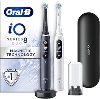 Oral-B iO8 2x Electric Toothbrushes, Magnetic Technology, Gifts For Women/Men, App Connected Handles, 2 Toothbrush Heads & Travel Case, 6 Modes, Teeth Whitening, 2 Pin UK Plug, Black & White