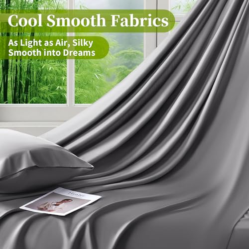 Shilucheng 100% Viscose Derived from Bamboo_ Sheets Full Size 4pcs - Ultra Cooling & Silky Soft Bed Sheets, 16" Deep Pocket, Perfect for Hot Sleepers, Hotel Bedding Sheets (Grey)