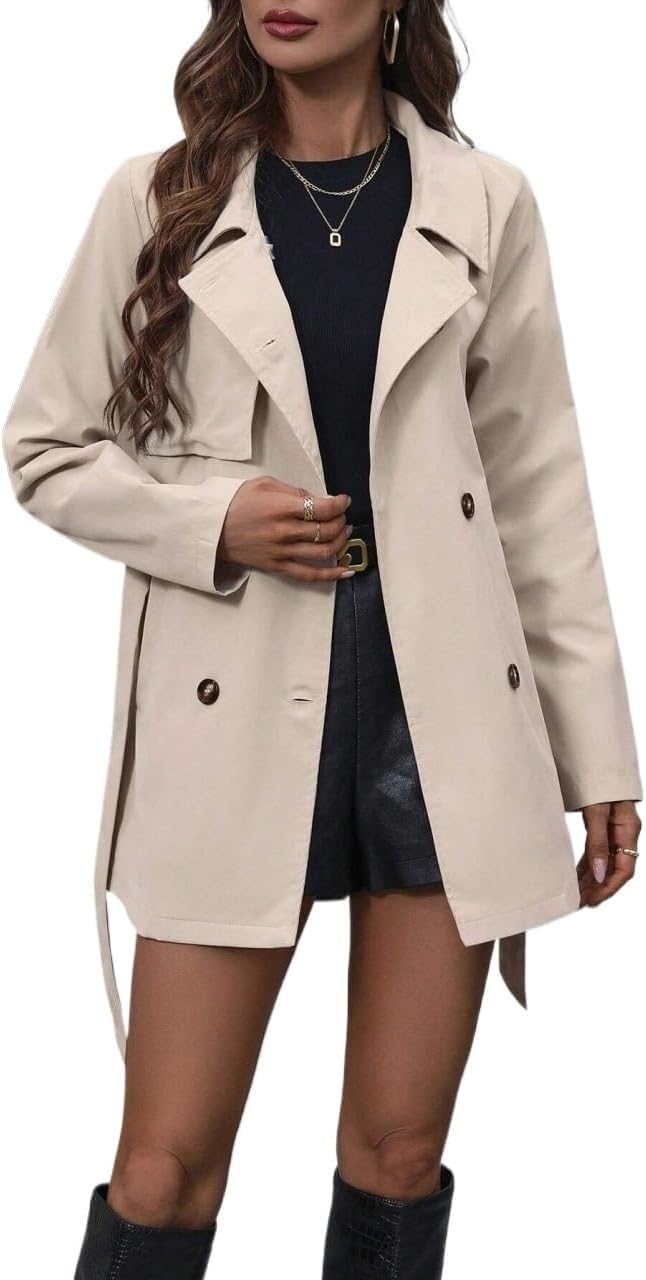 Womens Fashion Trench Outwear Double Breasted Belted Trench Coat Jacket Coat