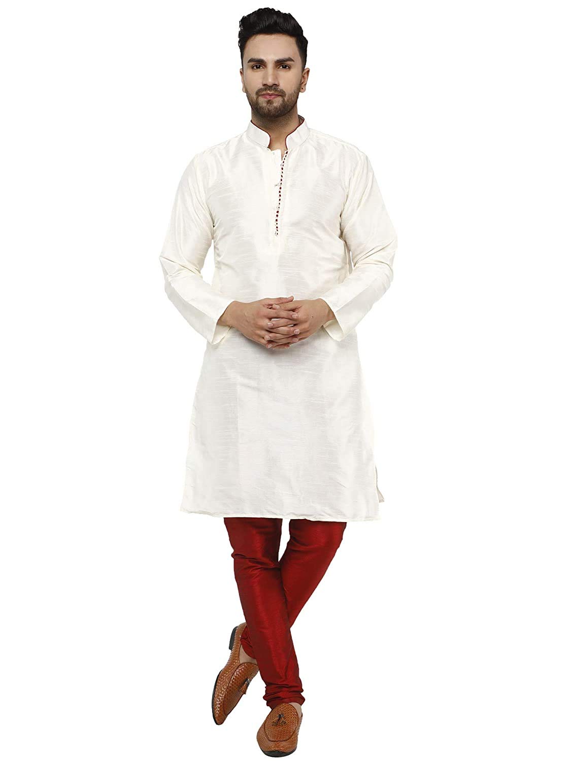 SKAVIJ Men's Tunic Art Silk Kurta Pajama Indian Wedding Suit Dress Set