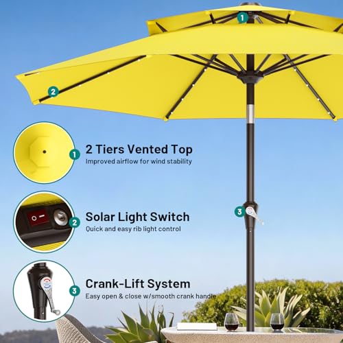 Image of AreShark 9ft 2 Tiers Patio Umbrella with Solar Lights, Outdoor Umbrella w / 32 LED Lights&8 Sturdy Ribs, Table Umbrella for Deck, Backyard, Pool(Yellow)