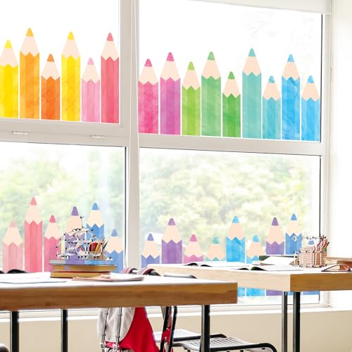 Image of Whaline 9 Sheet Watercolor Pencil Window Clings Back to School Pastel Color Pencil Reusable Window Decals for First Day of School Home Nursery Classroom Decor