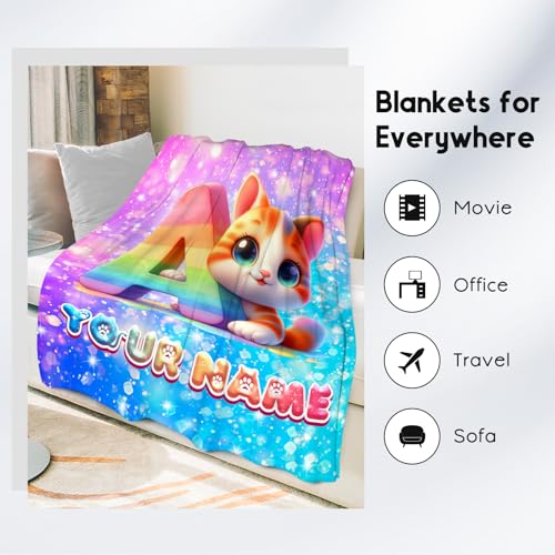 Cat Lovers Blanket with Name - Personalized Flannel Blankets for Girls - Customized Cat Theme Gifts - Cute Pattern Soft Cozy Throw for Sofa Living