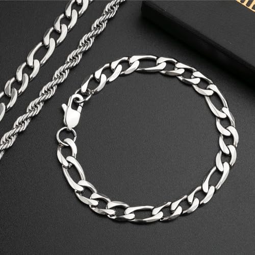 UHIBROS 316L Stainless Steel Chain Bracelet for Men Women, 18K Gold Sturdy Metal Link, Silver Black Cuban/Figaro/Paperclip/Rope Fashion Jewelry Set for Dad, Boyfriend, Husband, Girlfriend3
