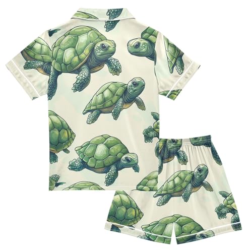 Satin Pajama Sets Short Sleeve Sea Green Turtle Pattern Button Down Silky Nightwear 2 Piece PJS 5-14Y2
