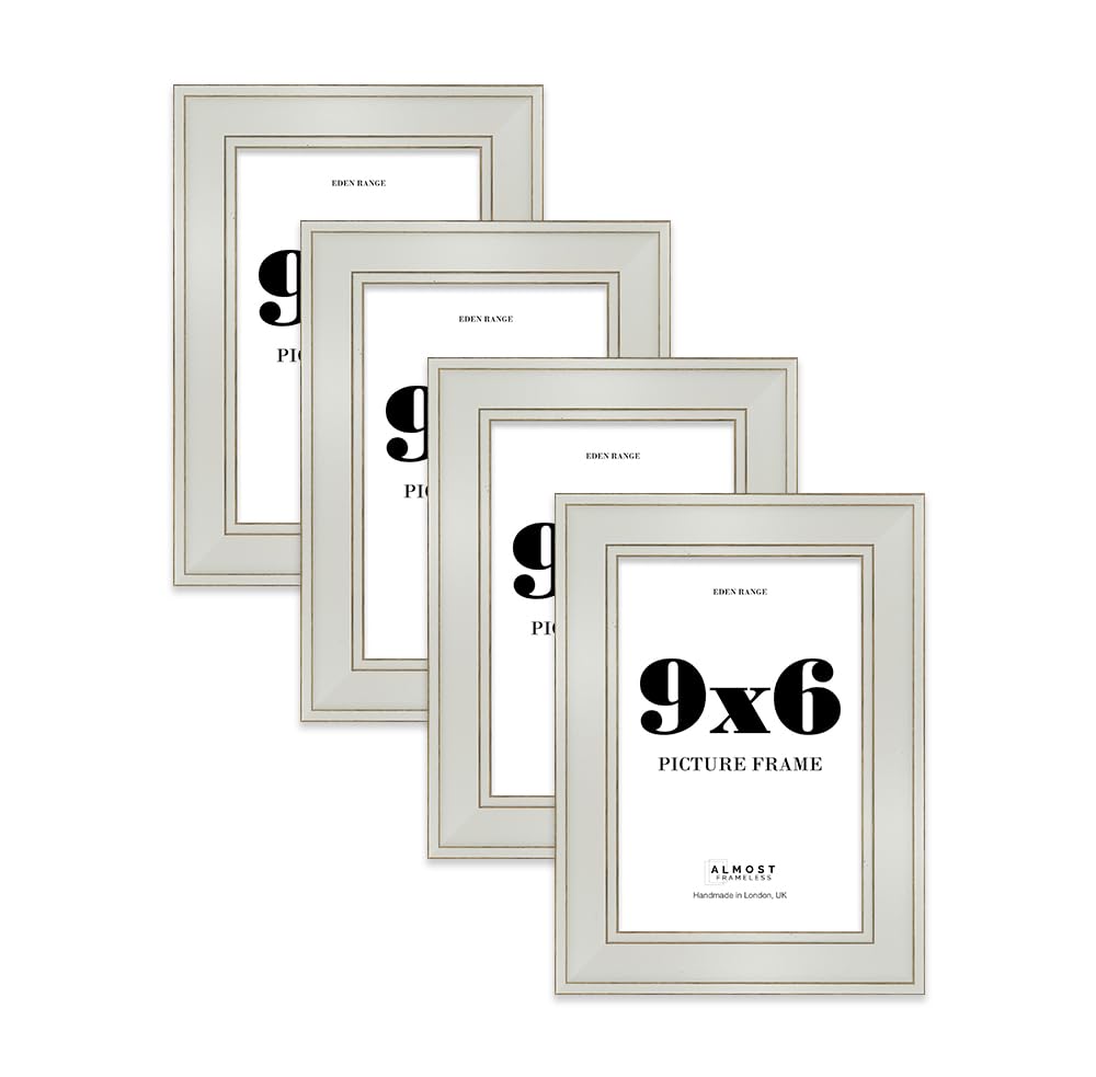 9x6 Light Grey Picture Frame - Shabby Chic Photo Frame with Distressed Finish, Gold Trim, Wall Hooks and Kickstand, 37mm Edge - 4 Pack