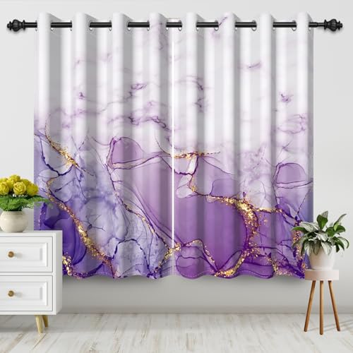 Uiiooazy Marble Blackout Curtains for Bedroom, Purple White Abstract Marble Pattern Curtain for Girls Kids Watercolor Ink Modern Thermal Insulated Grommet Living Room Drapes 42x84 inches 2 Panels Set