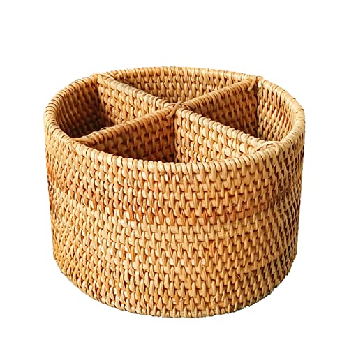 Panier de rangement rotin 4 compartiments couverts ustensiles cosmétiques