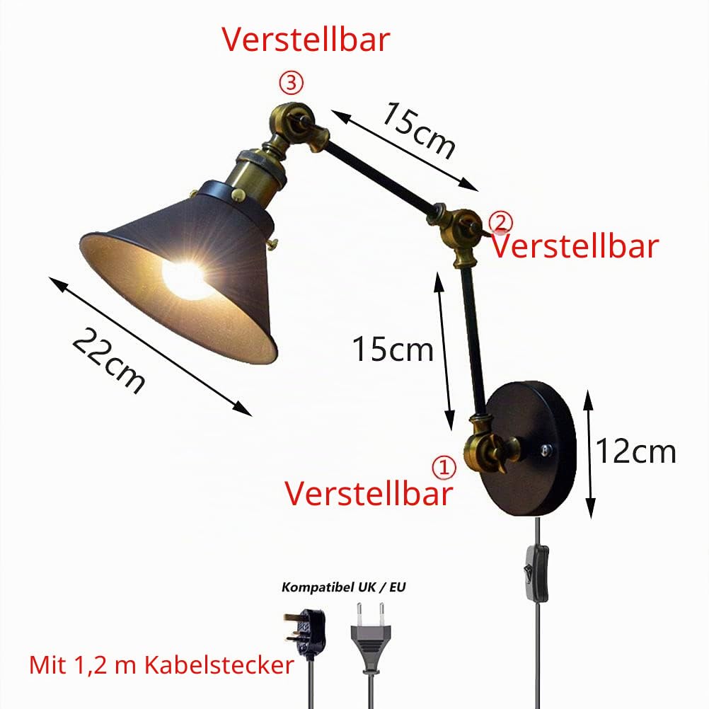Schwarz Wandlampe mit Schalter, Verstellbar Metall Lange Arm Wandleuchte mit Kabel und Stecker Nachttischlampe Vintage Industriallampe Wand-Leselampe E27 Innen Retro Lampe für Schlafzimmer Wohnzimmer