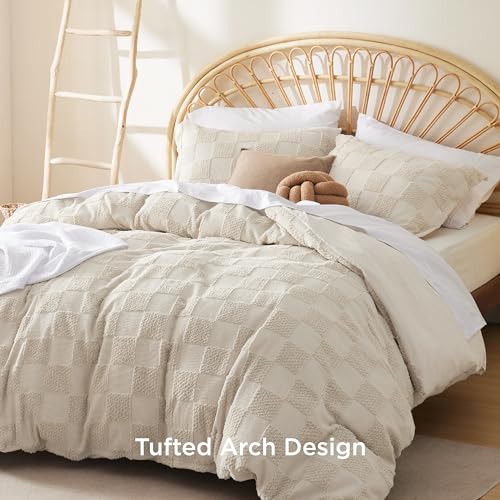 Image of Bedsure Boho Kids Duvet Cover Queen Size(Duvet Insert /Comforter not Included - Checkered Duvet Cover Queenfor All Seasons,Soft Distressed Vintage Boho Bedding (Beige, 90 inch x 90 inch)