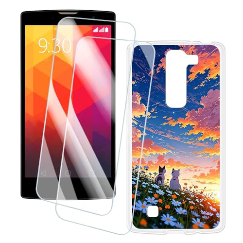 OAGELIM 2 Pack Screen Protector + Case Compatible with LG G4 Mini (5 inch) Case Artistic Cover and Tempered Glass Film Anti-Scratch (Cat)