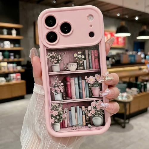 Image of VONZEE Cute Pink Book Shelf Back Cover for iPhone 17 Pro Max| Clear Shockproof TPU Protective Case | intage Library & Flower Shelf Pattern for Girls and Women
