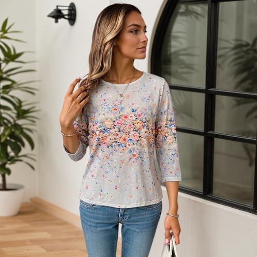 Womens Casual 3/4 Sleeve T-Shirts Round Neck Print Tops Trendy Loose Fit Three Quarter Length Blouses4