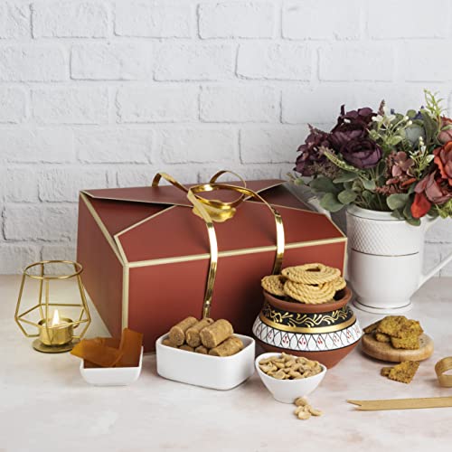 Image of Chocovic Festive Gift Hamper Stamping Box Large | Pack of 7 Snacks & Sweets | Wheat Flaky Mix, Moong Dal, Nutty rock, soft belgium cookies, Peanut Sticks, Kodo Puff, Oat Crave | Festive Gift for Family