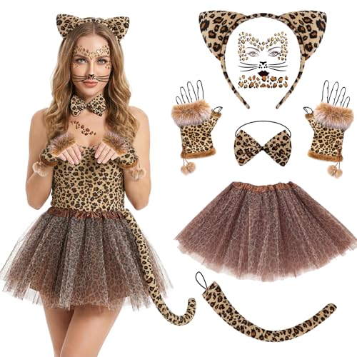 HTTDSLF 7 pièces Déguisement Leopard Femme Fille, Serre Tete Leopard Queue Tatouage Visage Nœud Papillon, Costume Animaux Léopard Deguisement pour Cosplay Halloween...