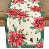 WRAPAHOLIC Christmas Table Runner - 13 x 72 Inch - Seasonal Winter Xmas Holiday Farmhouse Style Kitchen Dining Table Decoration for Indoor Outdoor Home Party - Red Poinsettia