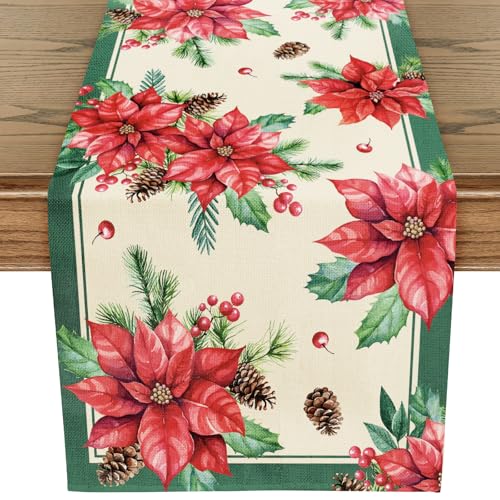 WRAPAHOLIC Christmas Table Runner - 13 x 72 Inch - Seasonal Winter Xmas Holiday Farmhouse Style Kitchen Dining Table Decoration for Indoor Outdoor Home Party - Red Poinsettia