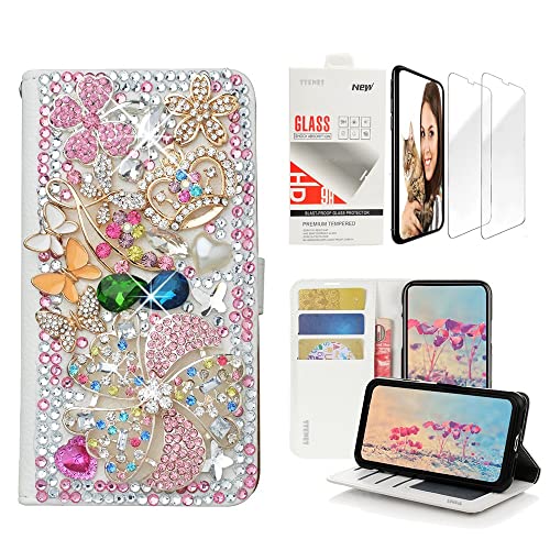 STENES Bling Wallet Phone Case Compatible with Samsung Galaxy Note 20 Ultra - Stylish - 3D Handmade Windmill Flowers Crown Butterfly Leather Cover with Screen Protector [2 Pack] - Pink