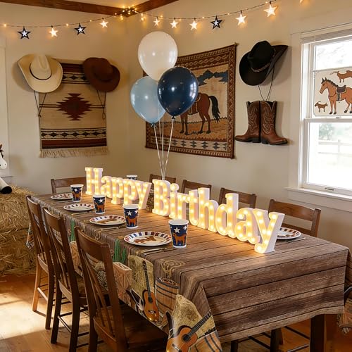Image of Kochorie 54 Inch X 100 Feet Western Party Tablecloth Roll, Disposable Western Cowboy Table Cover, Cowboy Theme Plastic Tablecloth Wild West Wooden House Barn Door Table Cover for Baby Shower Birthday
