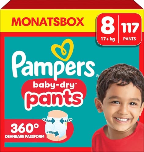 Pampers Baby-Dry Pants Size 8, 117 Nappies, 17kg+, 360° Fit Helps Prevent Leaks