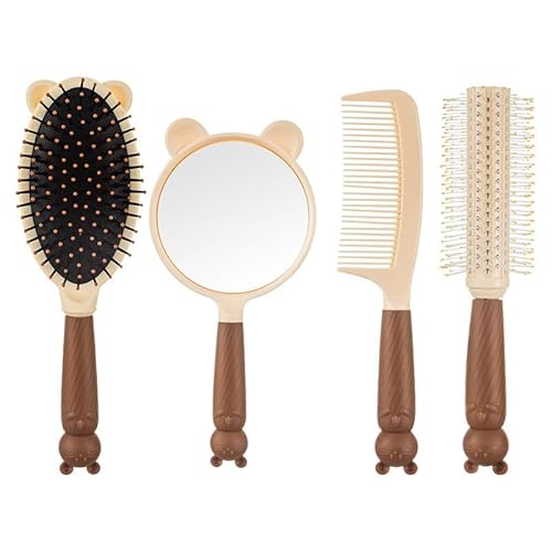 ヘアケア用品セット、4種類のブラシ付き - ヘアブラシ、くし、手鏡、ナイロンブラシ、木製ハンドル、サラサラ髪に