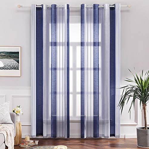 MIULEE Cortinas Salon Modernas con Rayas Blanco y Azul, Bonitas Cortinas Dormitorio Juvenil con Ojales, Translucidas Visillos para Ventanas Habitacion, Visillos Salón 2 Piezas, 2X A140xL215CM