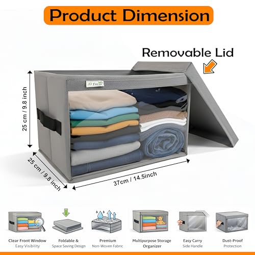 Image of JD FRESH Foldable Cloth Cover Storage Box With Lid /Wardrobe Clothes Organizer /Storage Basket /Space Saving Storage /Collapsible Clothes Organizer /Cupboard Storage Box for Shirts, Pants (Grey Pack of 6)