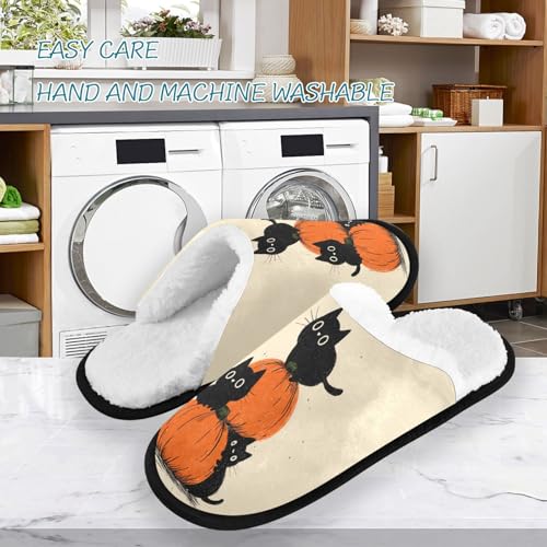 Halloween Cat Pumpkin Beige Slippers For Women Men Soft Memory Foam Non-Slip Hallowmas Winter Indoor House Shoes Travel Slipper3