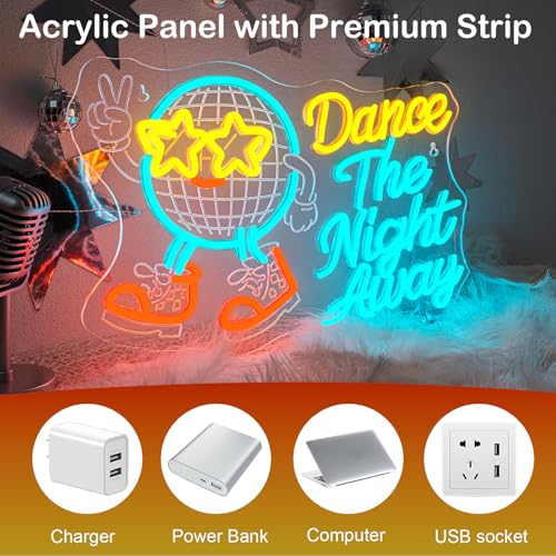 Image of Music Neon Sign Dance The Night Away Neon Disco Ball Light Up Retro Design for Theme Party Bar Dance Vintage Wall Decor Dimmable LED Music Light for Vintage Style Lovers and Dancers