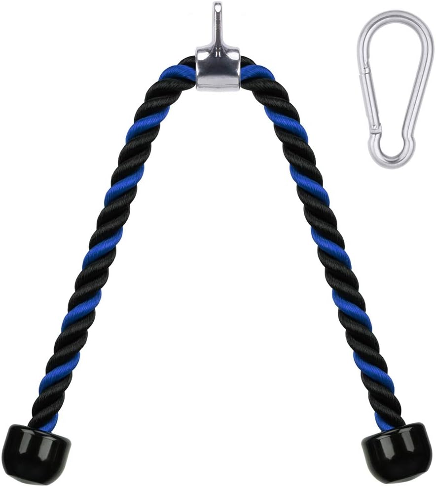 36 inches Heavy Duty Tricep Rope Pull Down Fitness Cable Attachment Machine Coated Nylon Rope with Stainless Steel Snap Hook (Blue & Black)