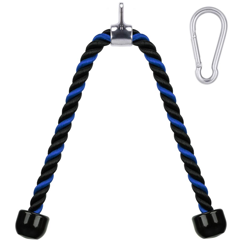 36 inches Heavy Duty Tricep Rope Pull Down Fitness Cable Attachment Machine Coated Nylon Rope with Stainless Steel Snap Hook (Blue & Black)