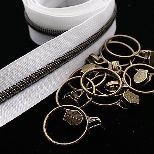 Leekayer #5 White Nylon Zippers Metallic Coil Zippers by The Yard Bulk 10 Yards White Zipper Tape with 25pcs Sliders for DIY Sewing Craft Bag (Antique Brass) - Image 4