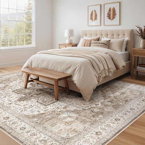 Tortania Area Rug Living Room Rugs - 9x12 Washable Boho Rug Vintage Oriental Distressed Farmhouse Large Thin Indoor Carpet for Living Room Bedroom Under Dining Table Home Office - Brown