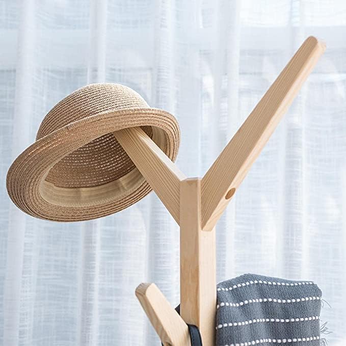 Image of Ash & Roh Natural Wooden Coat Rack Stand With Hooks Adjustable Height, Easy Assembly, Sturdy Solid Base for Coats, Hats, Handbags Entryway, Hallway, Bedroom, Office (Beige, 92-1), 10 x 10 x 24 Cm