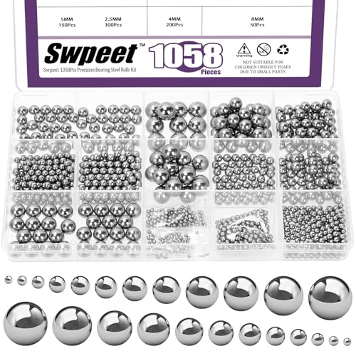 Swpeet 1085Pcs 13 Tailles 2mm 2.5mm 3mm 3.5mm 4mm 4.5mm 5mm 5.5mm 6mm 7mm 8mm 9mm 10mm Kit de billes de roulements en acier de précision métrique, assortis...