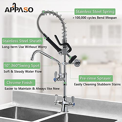 APPASO Commercial Faucet with Pre-Rinse Sprayer, 23\'\' Height Deck Mount Single Hole Polished Chrome Pull Down Compartment Sink Faucet with 10\'\' Swivel Spout for Restaurant Industrial