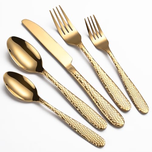 Gold Hammered Silverware Set, 20-Piece Heavy Duty Stainless Steel Flatware Sets for 4, Food-Grade Cutlery Set for Home Restaurant, Mirror Polished, Dishwasher Safe