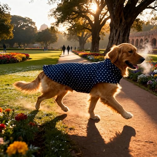 Image of Joydaog Nordic Blue Reversible Dog Jacket 24 Inch (2XL) - Navy Polka Dot x Quilted Blue | Fits Golden Retriever, Labrador, German Shepherd | Warm Winter 2-in-1 Coat