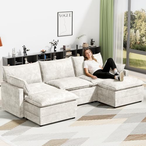Image of LEVELEVE 112.5 inch U-Shape Modular Sofa with 2 Ottomans, Deep Seat Cloud Convertible Sleeper, 2 Arm Pillows, Comfortable Upholstered Furniture for Living Room Apartment, Beige