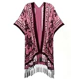USHOWHEY Burnout Velvet Kimono Cardigan for Women with Tassels, Pattern Placement Printing, Swimsuit Cover-Up, Wine Red, 1 Size Fits All