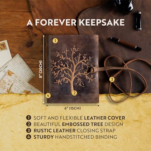 moonster Vintage Leder Notizbuch Baum des Lebens 20x15cm – Handgefertigtes Tagebuch mit 240 Seiten Baumwoll-Büttenpapier – Blanko Skizzenbuch & Lederbuch für Damen & Herren