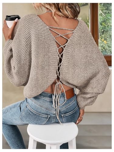 MakeMeChic Women's Off Shoulder Sweaters Tie Back Dolman Sleeve Knit Pullover Tops2
