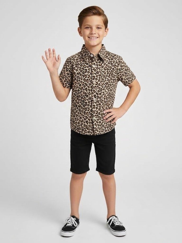 Niren Enterprise Cotton Fabric Casual Half Sleeve Leopard Printed Pattern Kids Boys Shirt Brown Black Colour 3