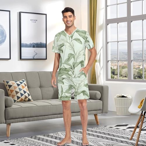 Men's Pajama Set Leaves Short Sleeve with Shorts Pockets Sleepwear Set Summer Loungewear4