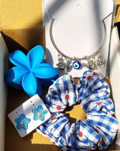 Image of Aspire-T Aesthetic Blue Hair Accessories & Jewelry Gift Set: Plumeria Claw Clip, Evil Eye Charm Bracelet, Gingham Scrunchie, and Glitter Star Earrings