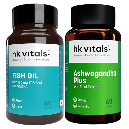 Image of hk vitals Fish Oil Capsules For Men And Women (1000mg Omega 3 with 180 mg EPA & 120 mg DHA) & Ashwagandha Plus with Tulsi Extract 500mg (60 Tablets Each), Combo Pack