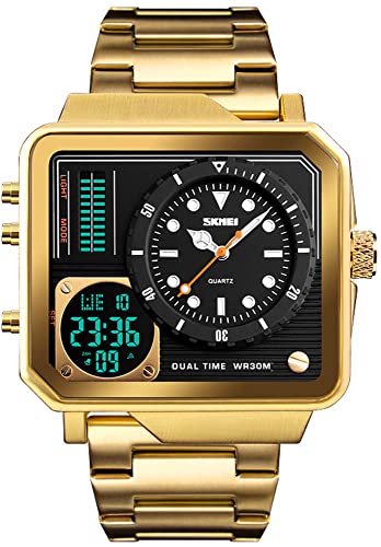 Gosasa Men's Square Large Face Stainless Steel Digital Sports Watch, LED Analog Quartz Wrist Watch with Multi-Time Zone Waterproof Stopwatch