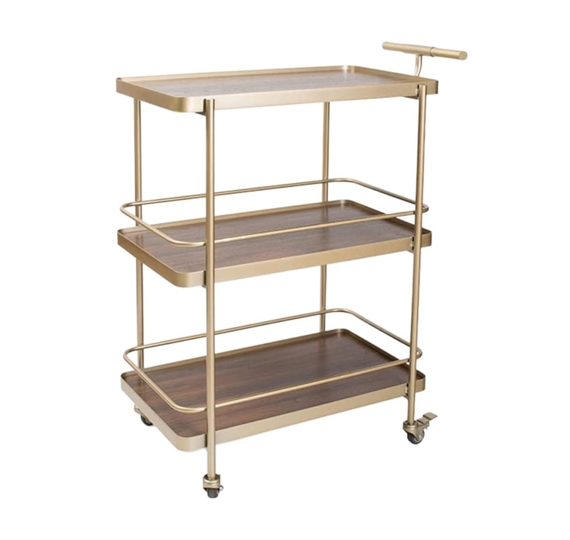 Carrello dispensa in Metallo a 3 Ripiani per Cucina, Carrello Mobile per Ristorante, Finitura Oro e Noce, Ideale per la Preparazione e la conservazione degli Alimenti.