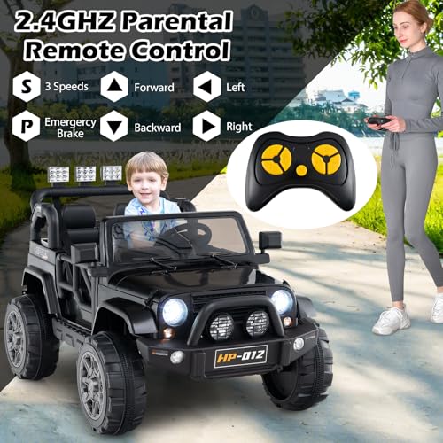 OLAKIDS 2 Seater Ride on Truck, 12V Battery Powered Electric Vehicle for Kids with Remote Control, Power Display, LED Lights, Story, Suspension System, MP3, Ride on Toy for 3+ Boys Girls (Black)