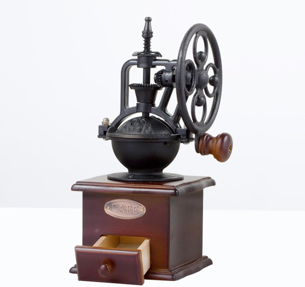 Vintage Hand Crank Coffee Grinder Classic Wooden Burr Mill Manual Bean Grinder for Home Cafe with Convenient Power-saving Handle and Delicate Iron Craft Design
